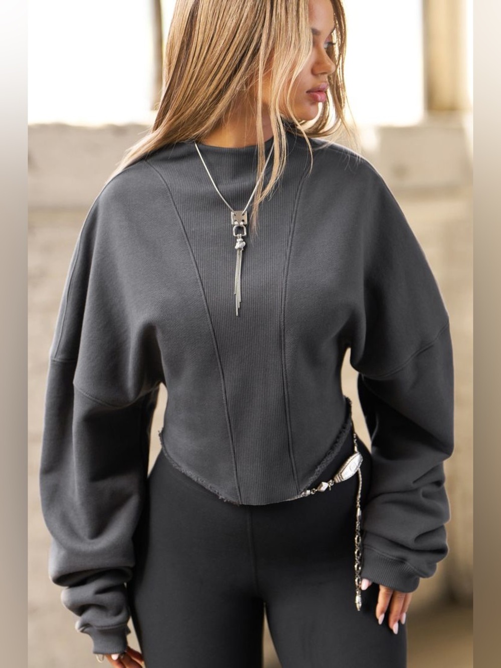 JOAH Brown 🩶 Dolman Charcoal Luxe French Terry Gray Cropped Pullover Top 🌸 S/M